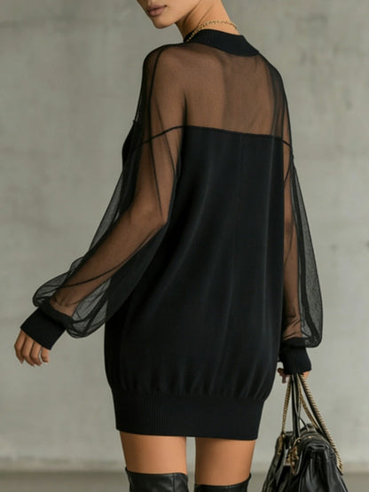 Daisy | Vestido midi negro con manga de malla y escote alto