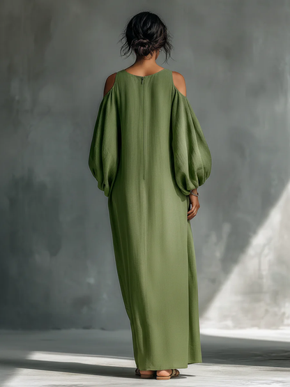 Anika | Vestido maxi verde con hombros al descubierto y mangas abullonadas