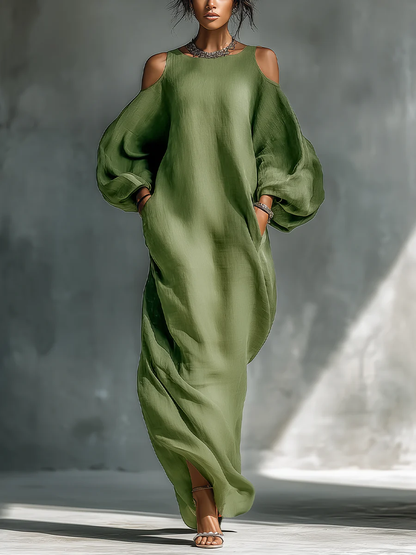 Anika | Vestido maxi verde con hombros al descubierto y mangas abullonadas