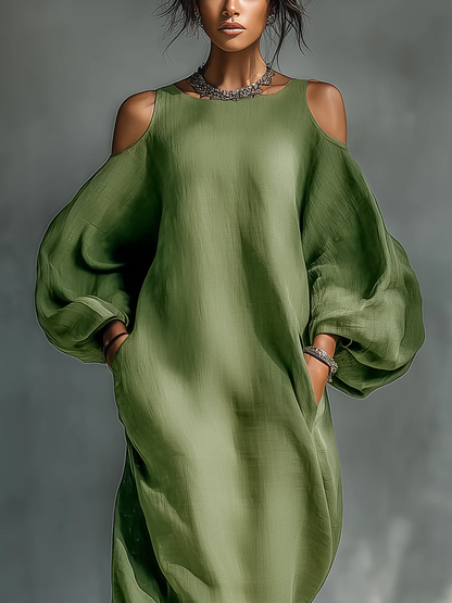 Anika | Vestido maxi verde con hombros al descubierto y mangas abullonadas
