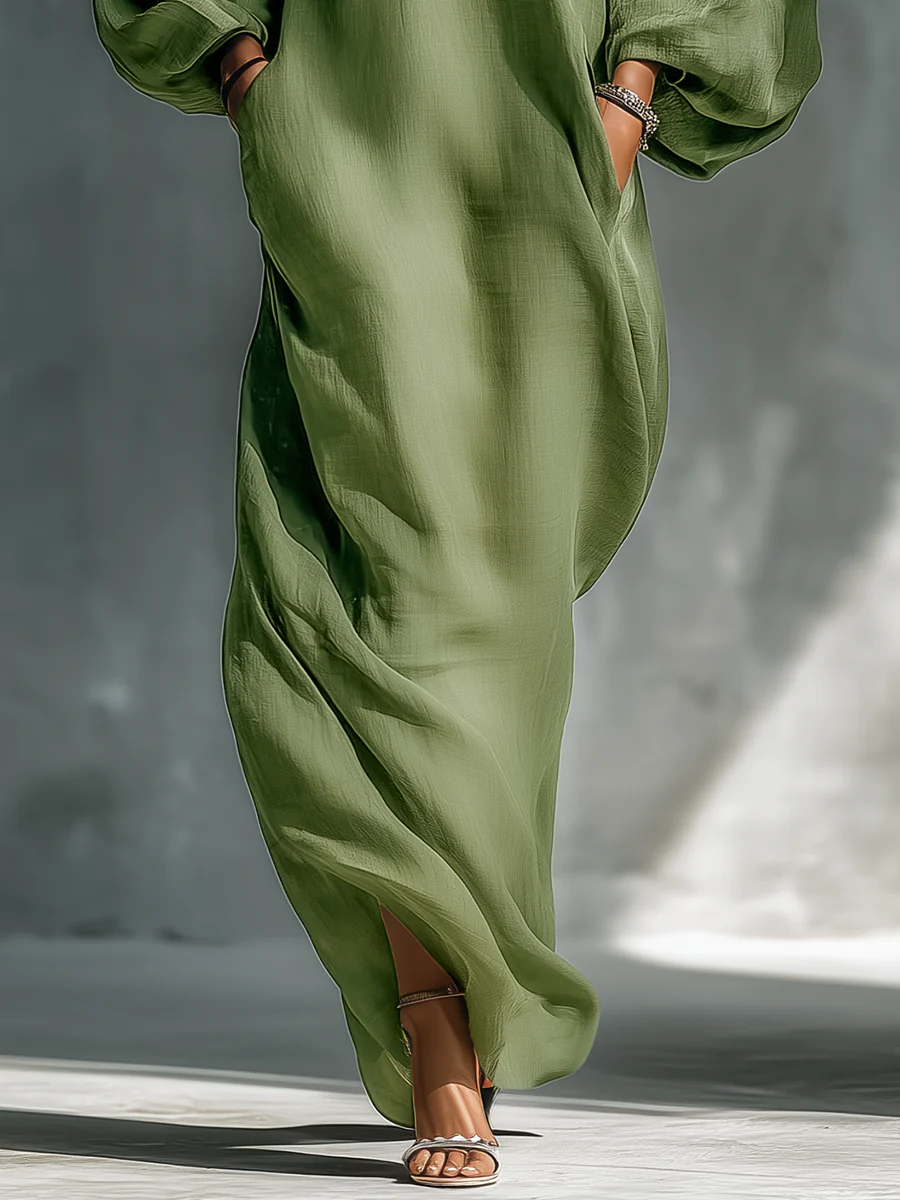 Anika | Vestido maxi verde con hombros al descubierto y mangas abullonadas