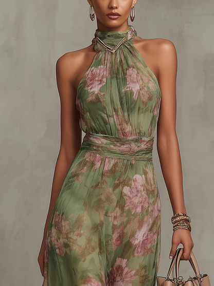 Florence | Vestido maxi de chiffon verde con flores y escote halter