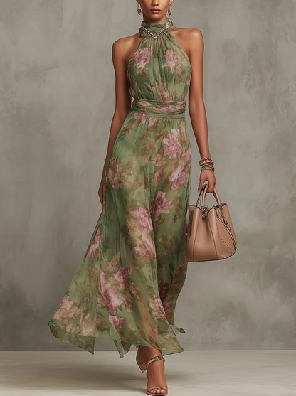 Florence | Vestido maxi de chiffon verde con flores y escote halter