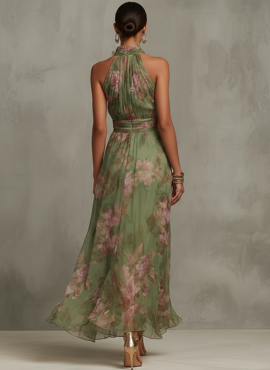 Florence | Vestido maxi de chiffon verde con flores y escote halter