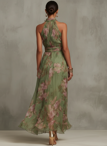 Florence | Vestido maxi de chiffon verde con flores y escote halter