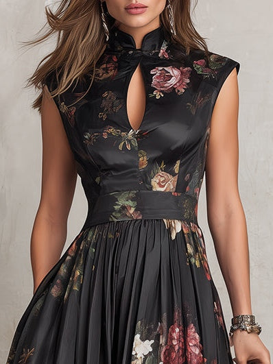 Patricia | Vestido midi plisado de satén negro con flores