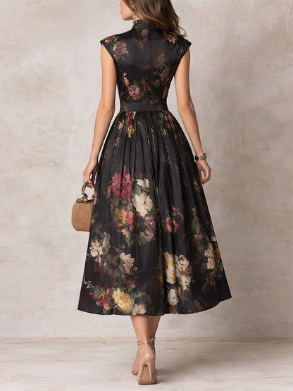 Patricia | Vestido midi plisado de satén negro con flores