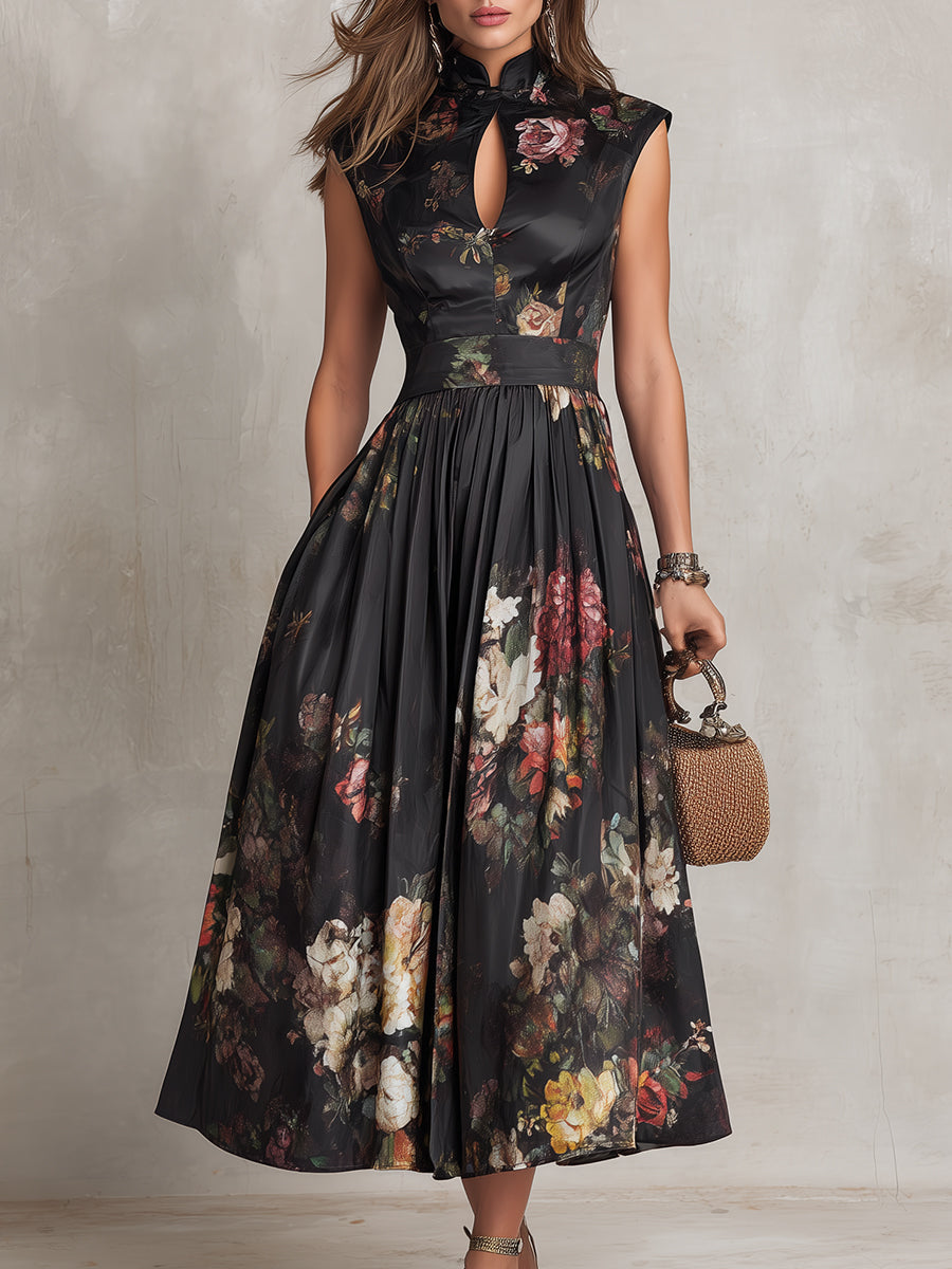 Patricia | Vestido midi plisado de satén negro con flores