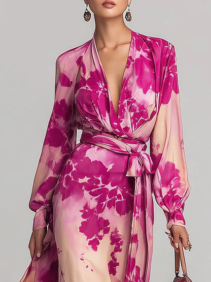 Julia | Vestido maxi de rosas con escote en V y cinturón