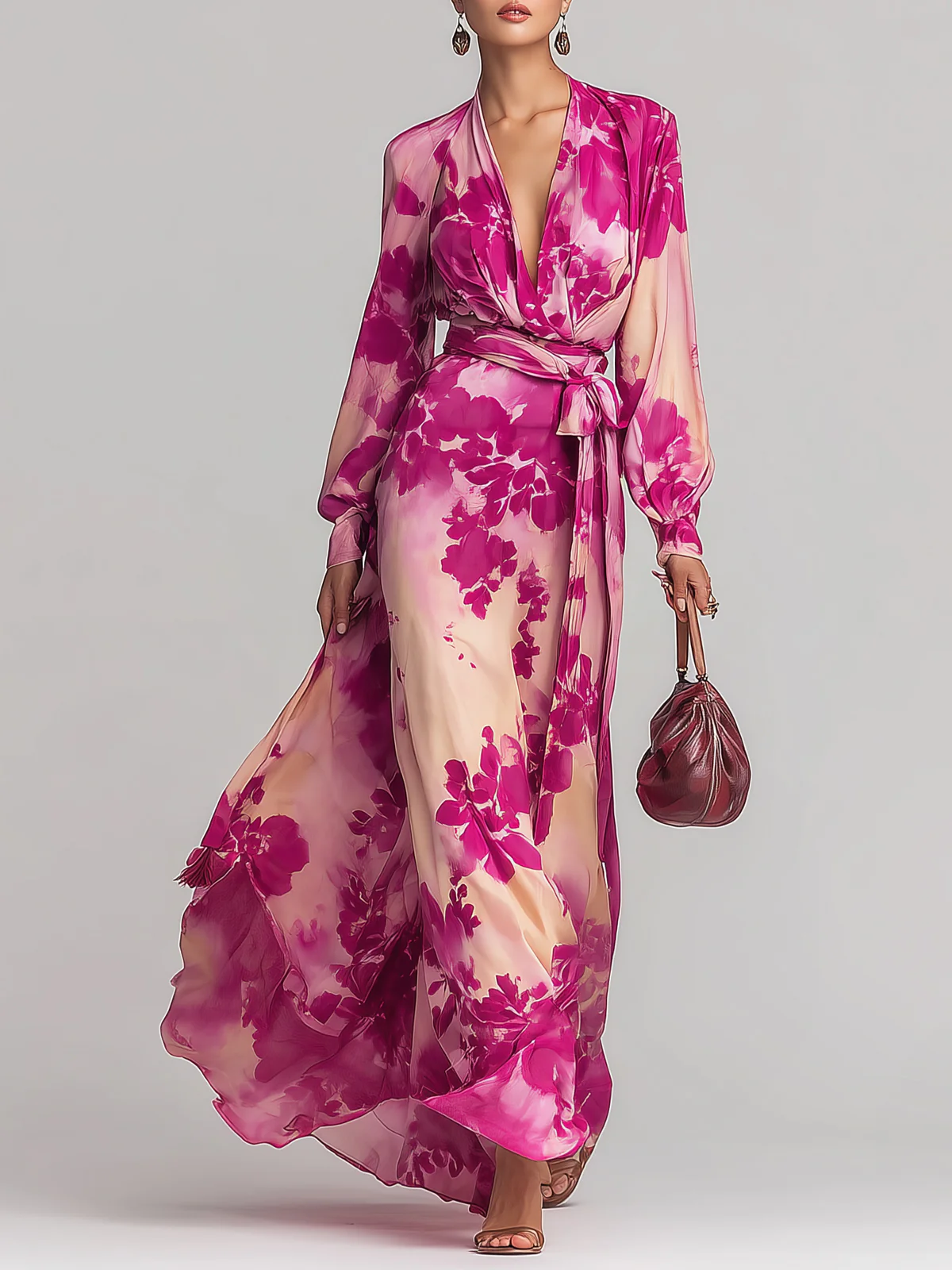 Julia | Vestido maxi de rosas con escote en V y cinturón
