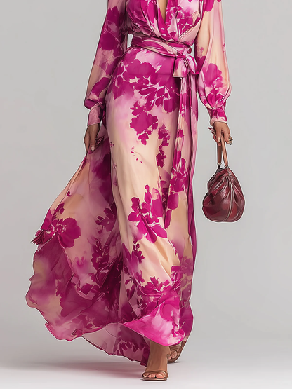 Julia | Vestido maxi de rosas con escote en V y cinturón