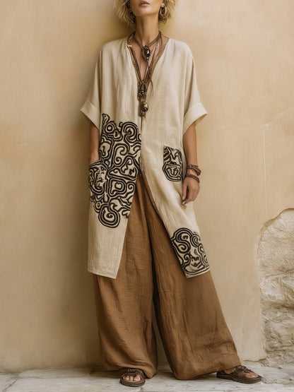 Sophie | Conjunto de tres piezas con diseño étnico en gris oscuro y marrón