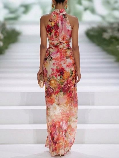 Fae | Vestido maxi sin mangas de chiffon rojo con flores