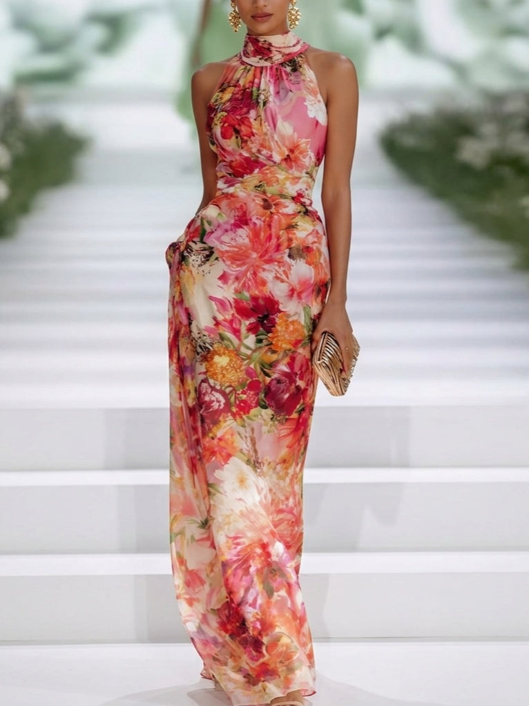 Fae | Vestido maxi sin mangas de chiffon rojo con flores