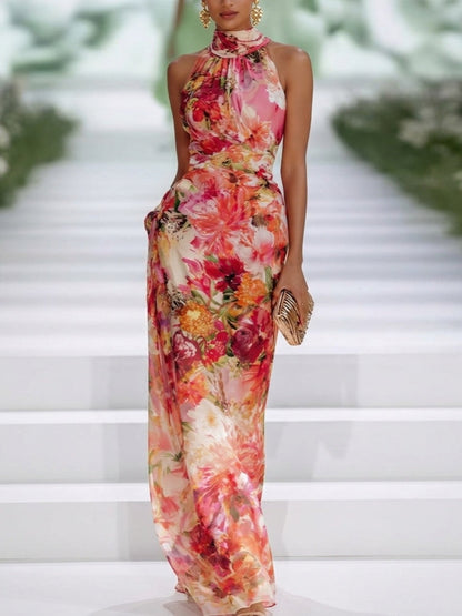 Fae | Vestido maxi sin mangas de chiffon rojo con flores