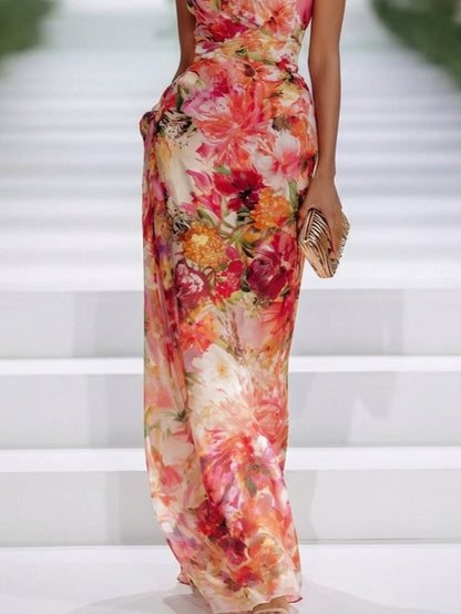 Fae | Vestido maxi sin mangas de chiffon rojo con flores