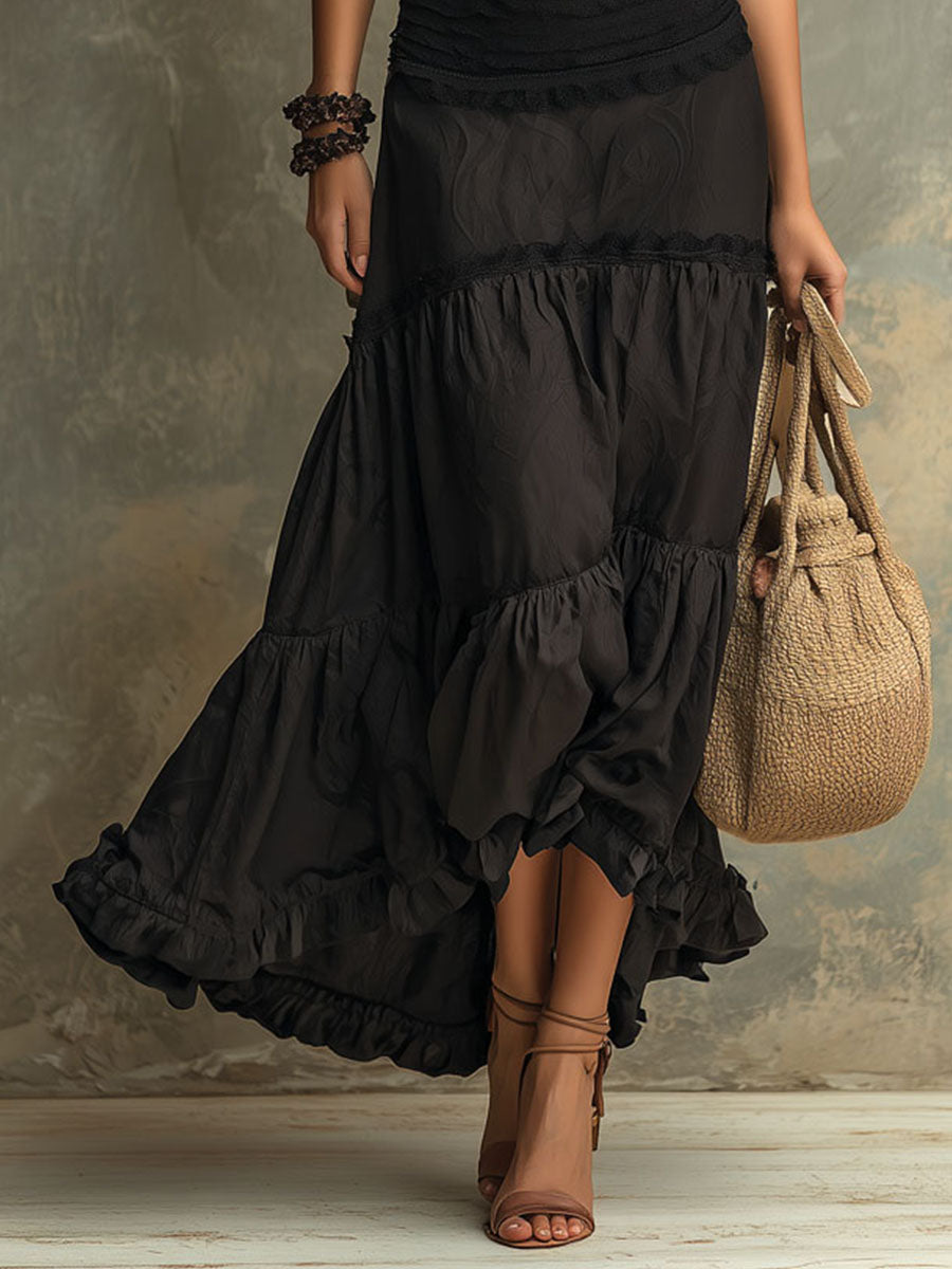 Susie | Vestido maxi bohemio de encaje con volantes y escote alto