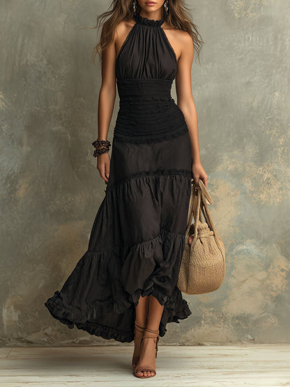 Susie | Vestido maxi bohemio de encaje con volantes y escote alto