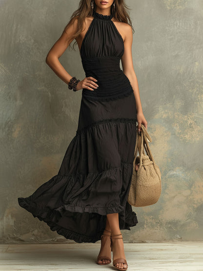 Susie | Vestido maxi bohemio de encaje con volantes y escote alto