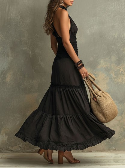 Susie | Vestido maxi bohemio de encaje con volantes y escote alto