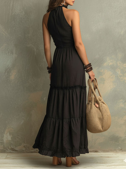 Susie | Vestido maxi bohemio de encaje con volantes y escote alto