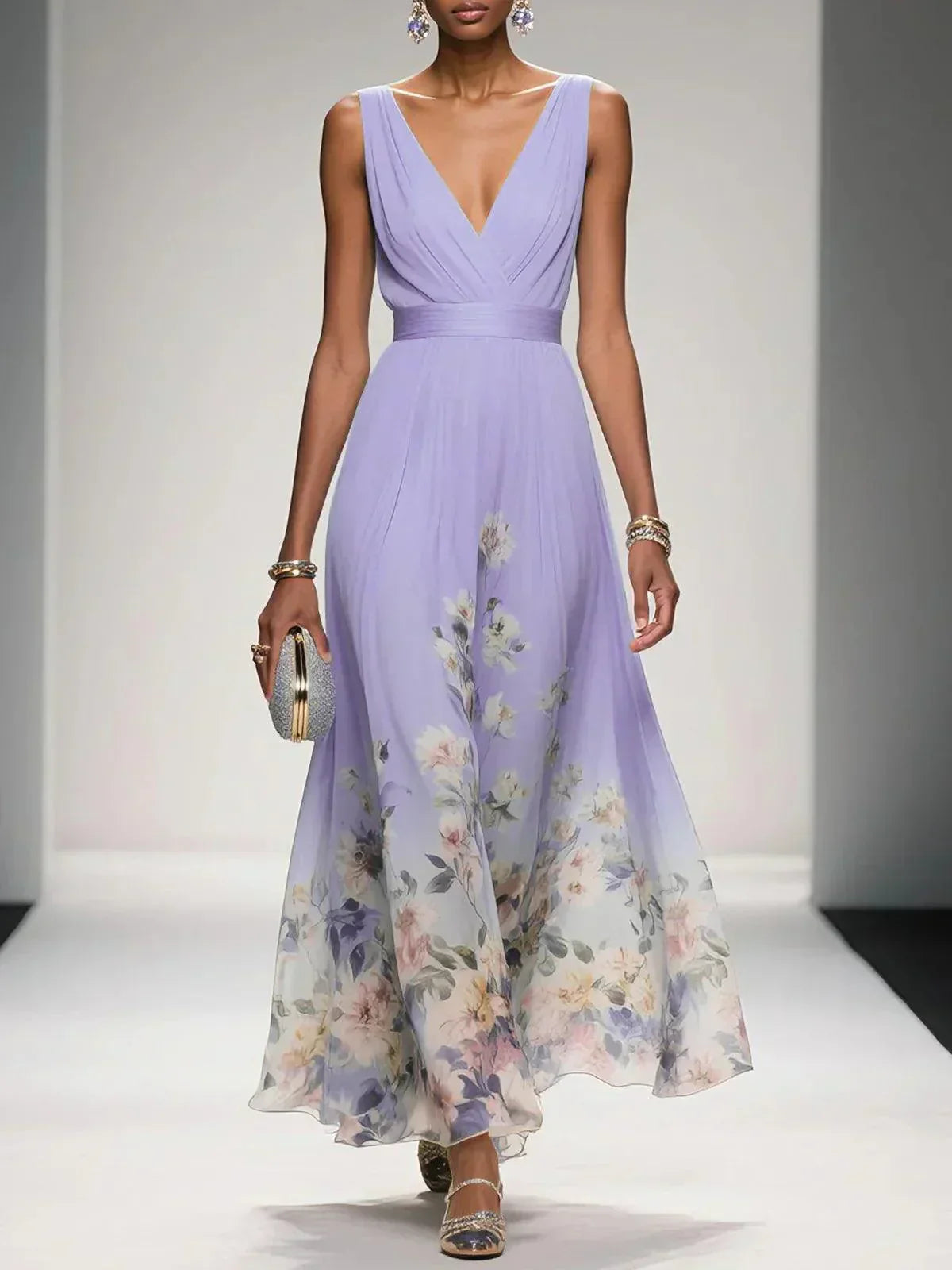 Rose | Vestido maxi de chiffon azul claro con flores y escote en V