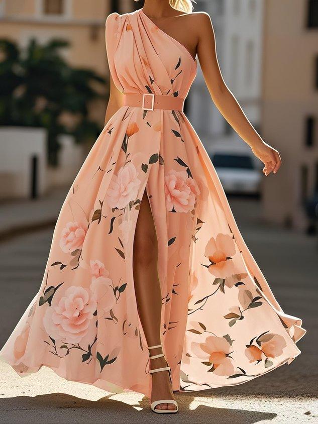 Julie | Vestido maxi de chiffon verde jasno con flores de un solo hombro