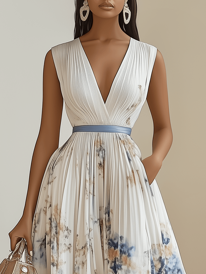 Chloe | Vestido midi plisado de chiffon blanco con flores y escote en V