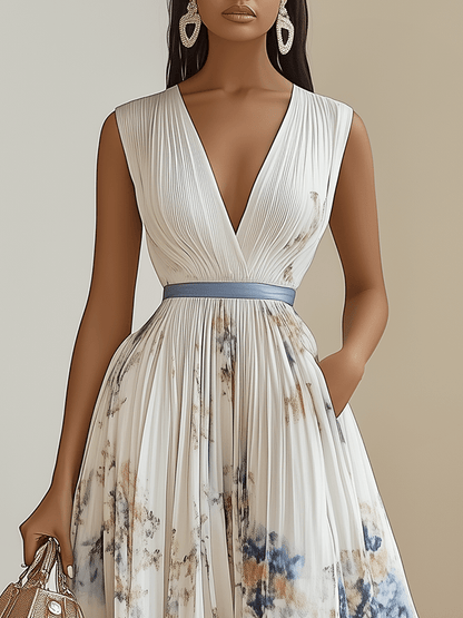 Chloe | Vestido midi plisado de chiffon blanco con flores y escote en V