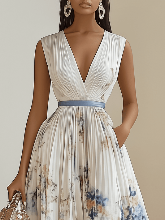Chloe | Vestido midi plisado de chiffon blanco con flores y escote en V