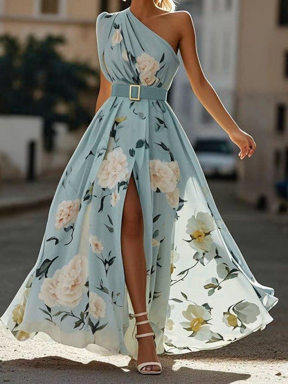 Julie | Vestido maxi de chiffon verde jasno con flores de un solo hombro