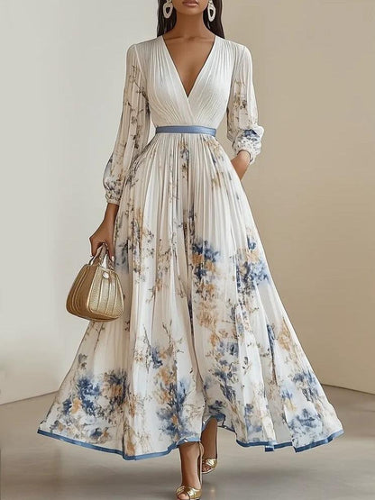 Amalia | Vestido maxi de chiffon blanco con flores y mangas abullonadas