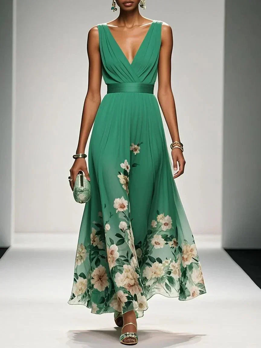 Rose | Vestido maxi de chiffon azul claro con flores y escote en V