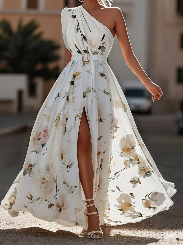 Julie | Vestido maxi de chiffon verde jasno con flores de un solo hombro