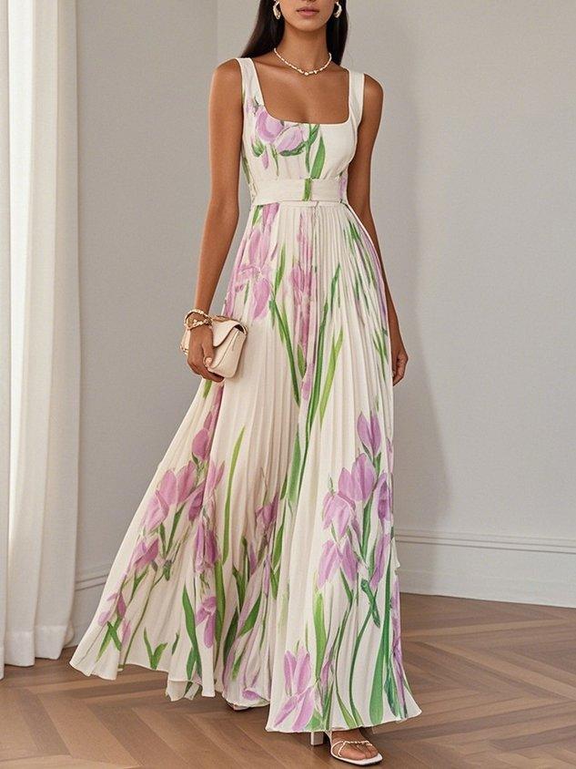 Marie | Vestido maxi de chiffon plisado blanco con flores