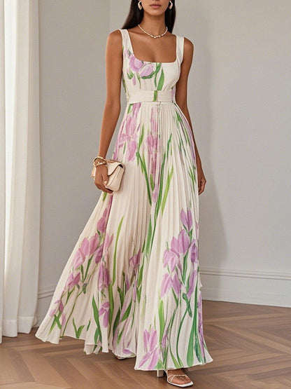 Marie | Vestido maxi de chiffon plisado blanco con flores