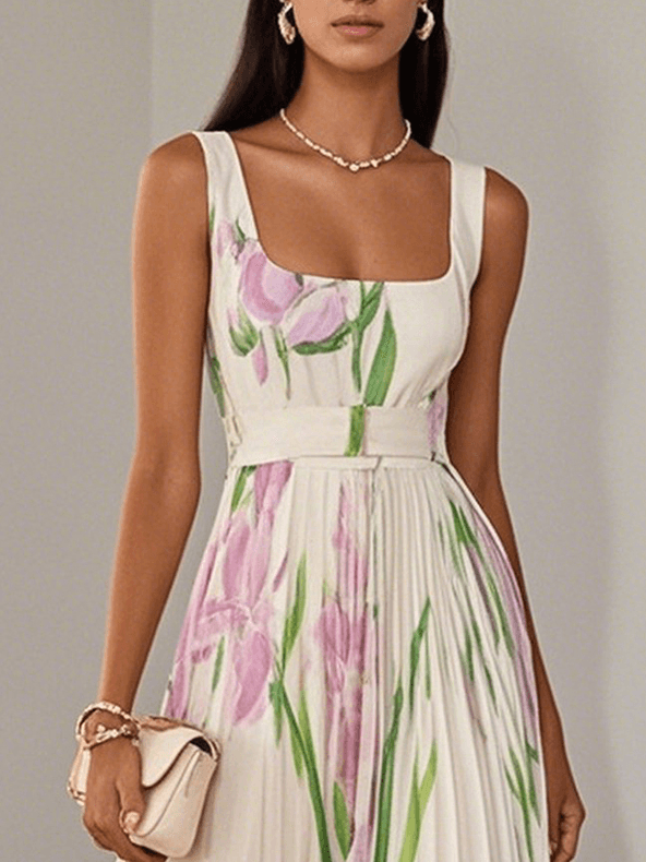 Marie | Vestido maxi de chiffon plisado blanco con flores