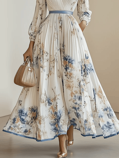 Amalia | Vestido maxi de chiffon blanco con flores y mangas abullonadas