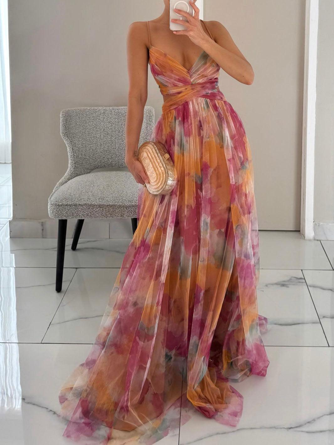 Karen | Vestido maxi con flores pintadas y escote en V
