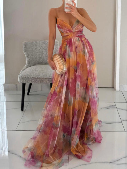 Karen | Vestido maxi con flores pintadas y escote en V