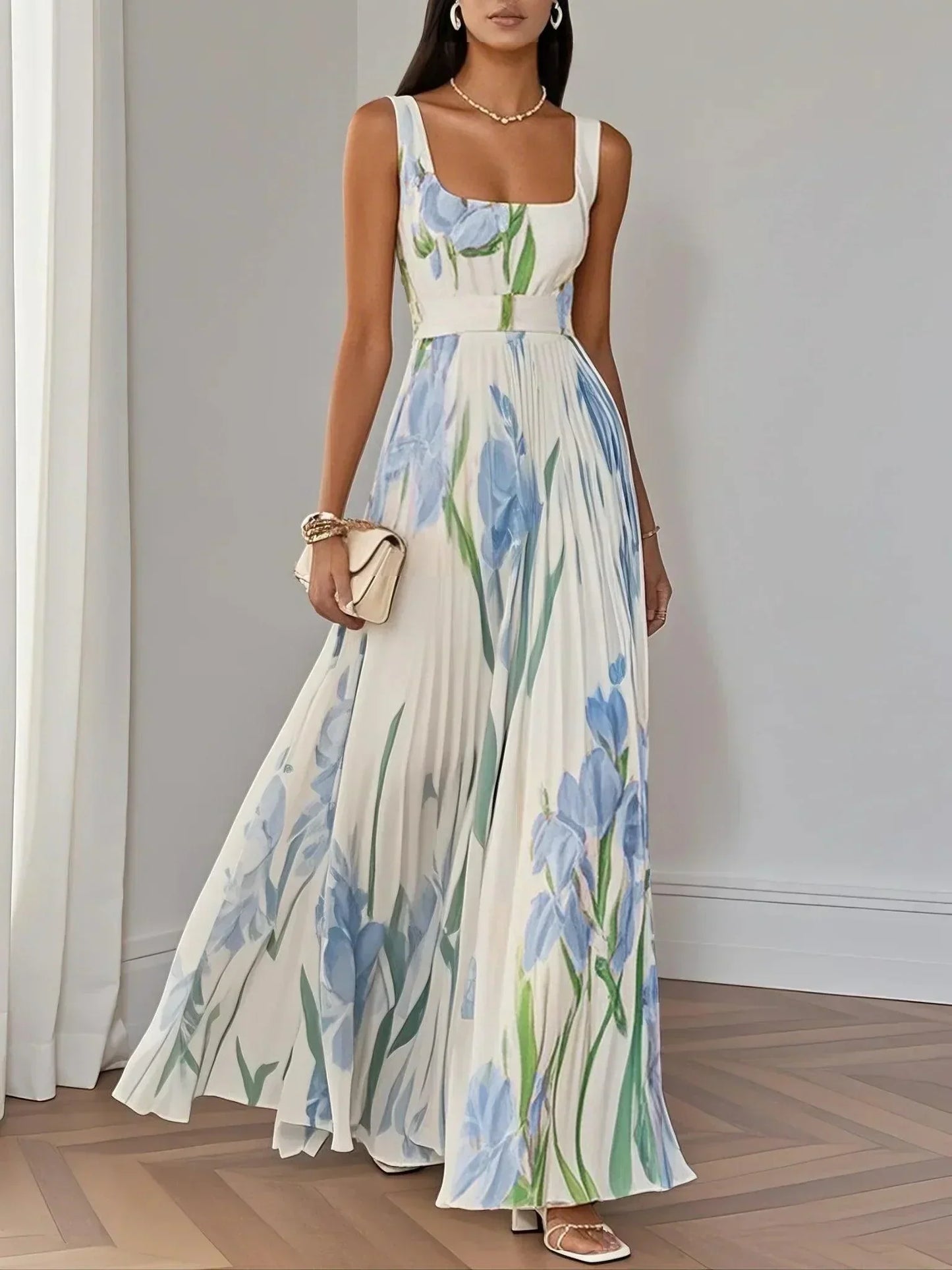 Marie | Vestido maxi de chiffon plisado blanco con flores