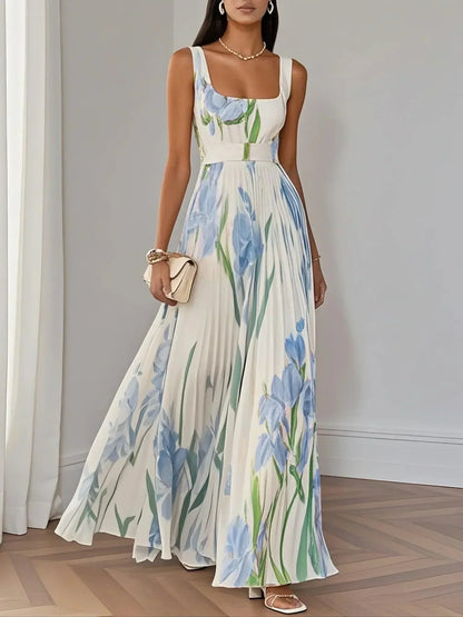 Marie | Vestido maxi de chiffon plisado blanco con flores