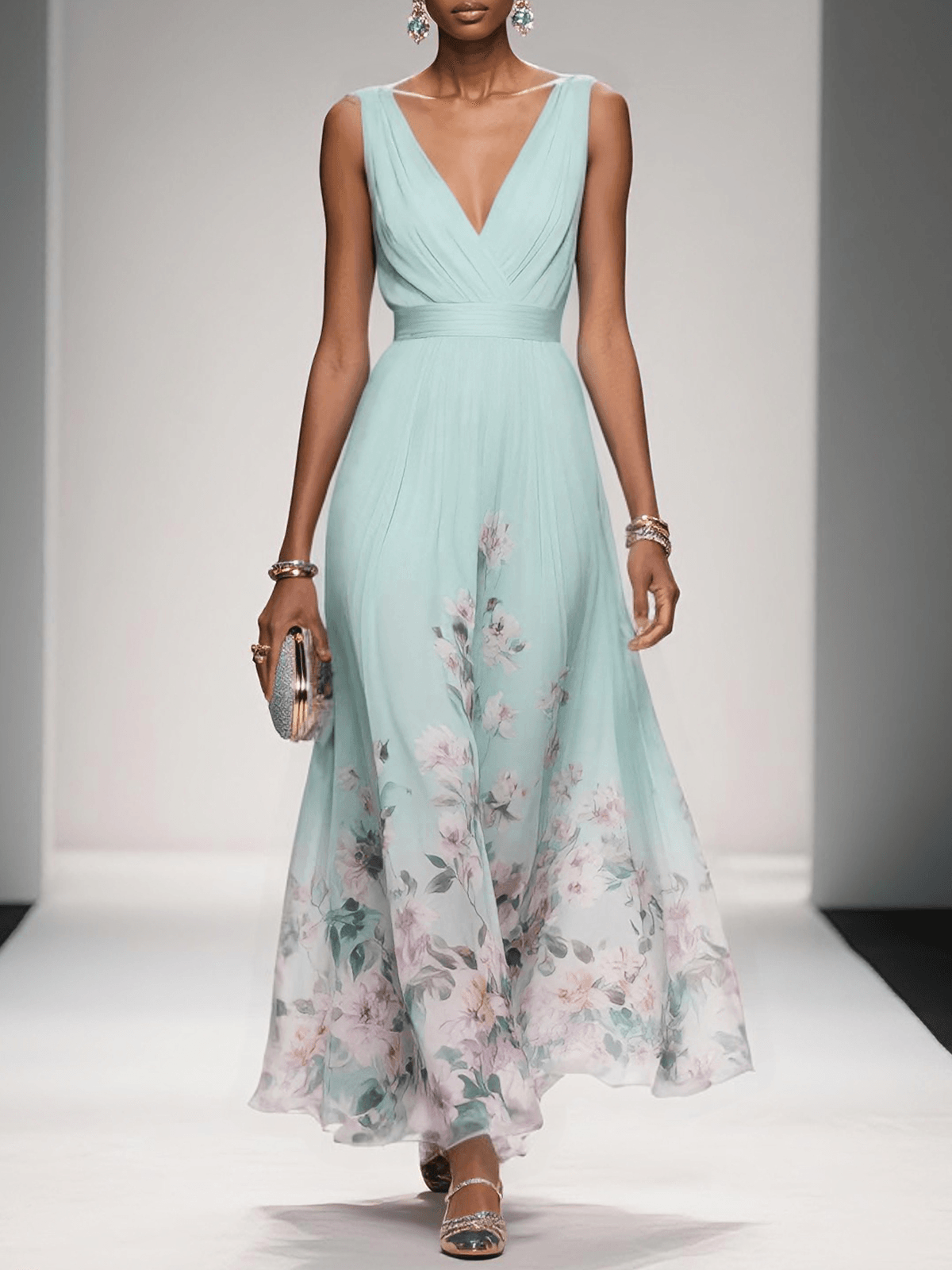 Rose | Vestido maxi de chiffon azul claro con flores y escote en V