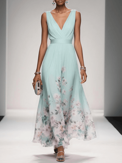 Rose | Vestido maxi de chiffon azul claro con flores y escote en V