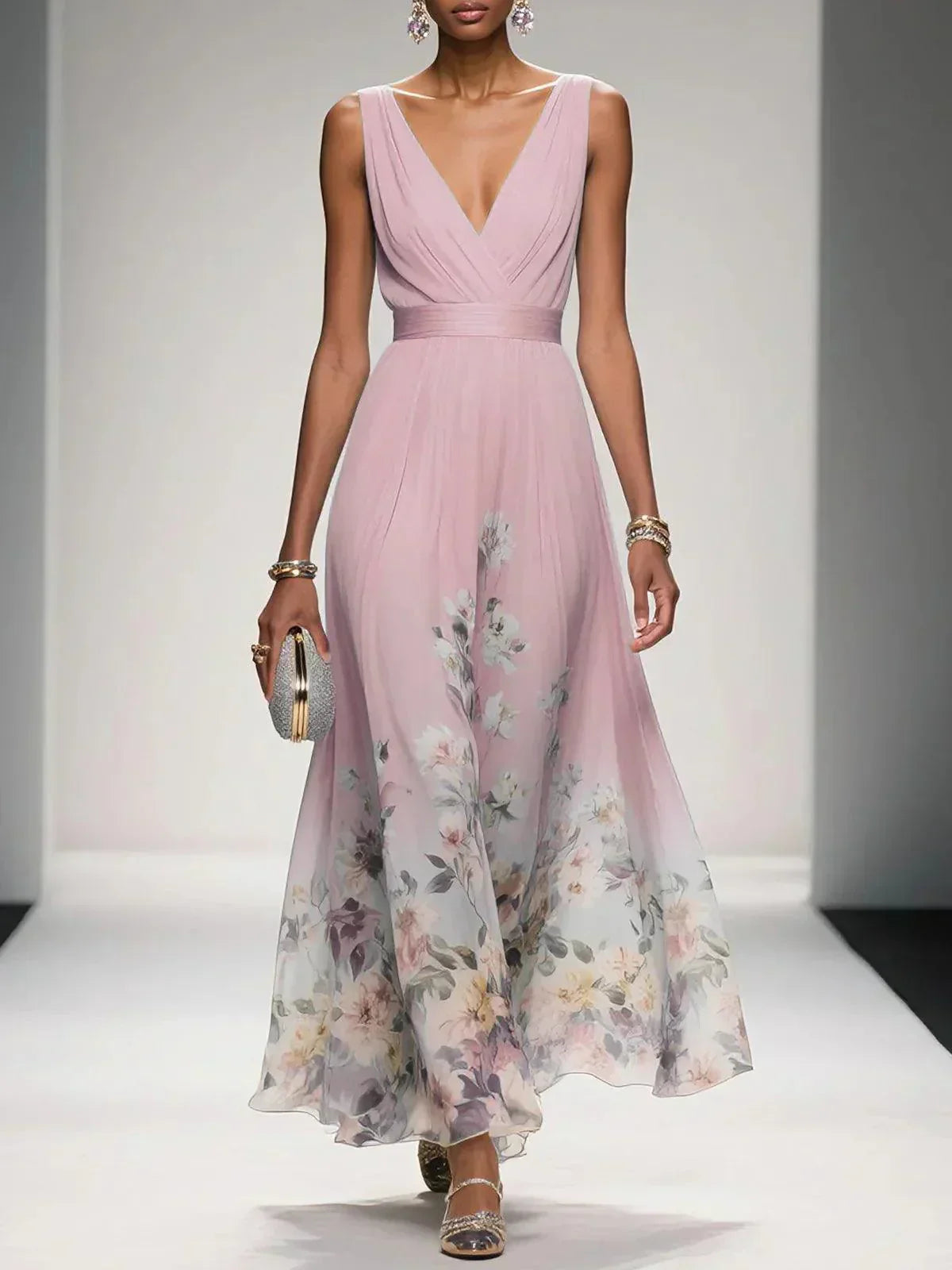 Rose | Vestido maxi de chiffon azul claro con flores y escote en V