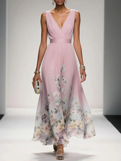 Rose | Vestido maxi de chiffon azul claro con flores y escote en V