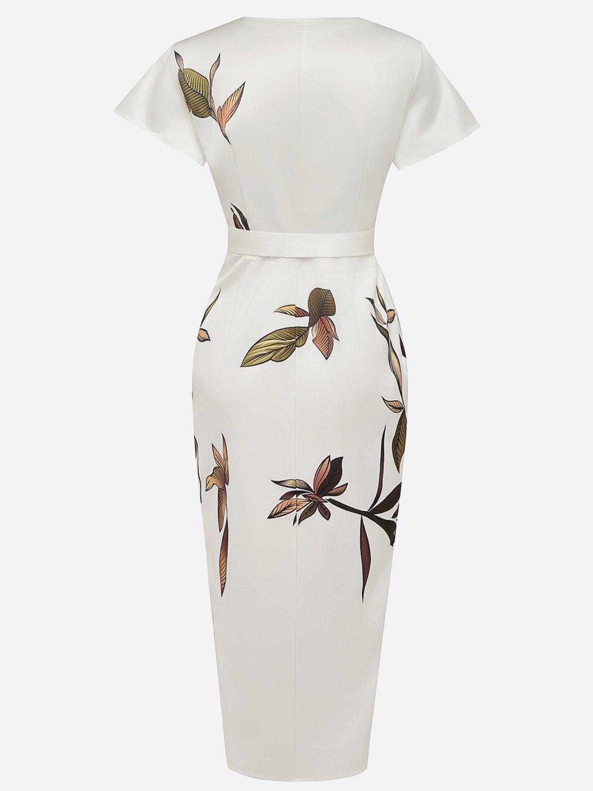 Judy | Vestido midi satinado blanco con estampado de hojas y mangas cortas