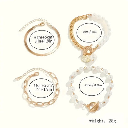 <strong>Conjunto de 4 Pulseras Chic - Serpiente, Perlas y Eslabones | Oro</strong>